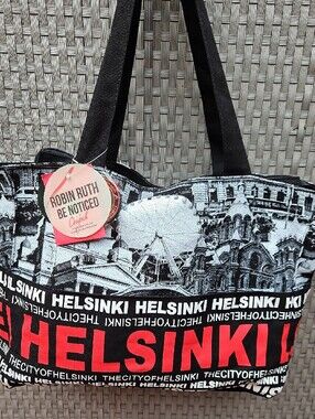 New With Tags Robin Ruth Helsinki Finland Black White Red Graphic Tote Bag